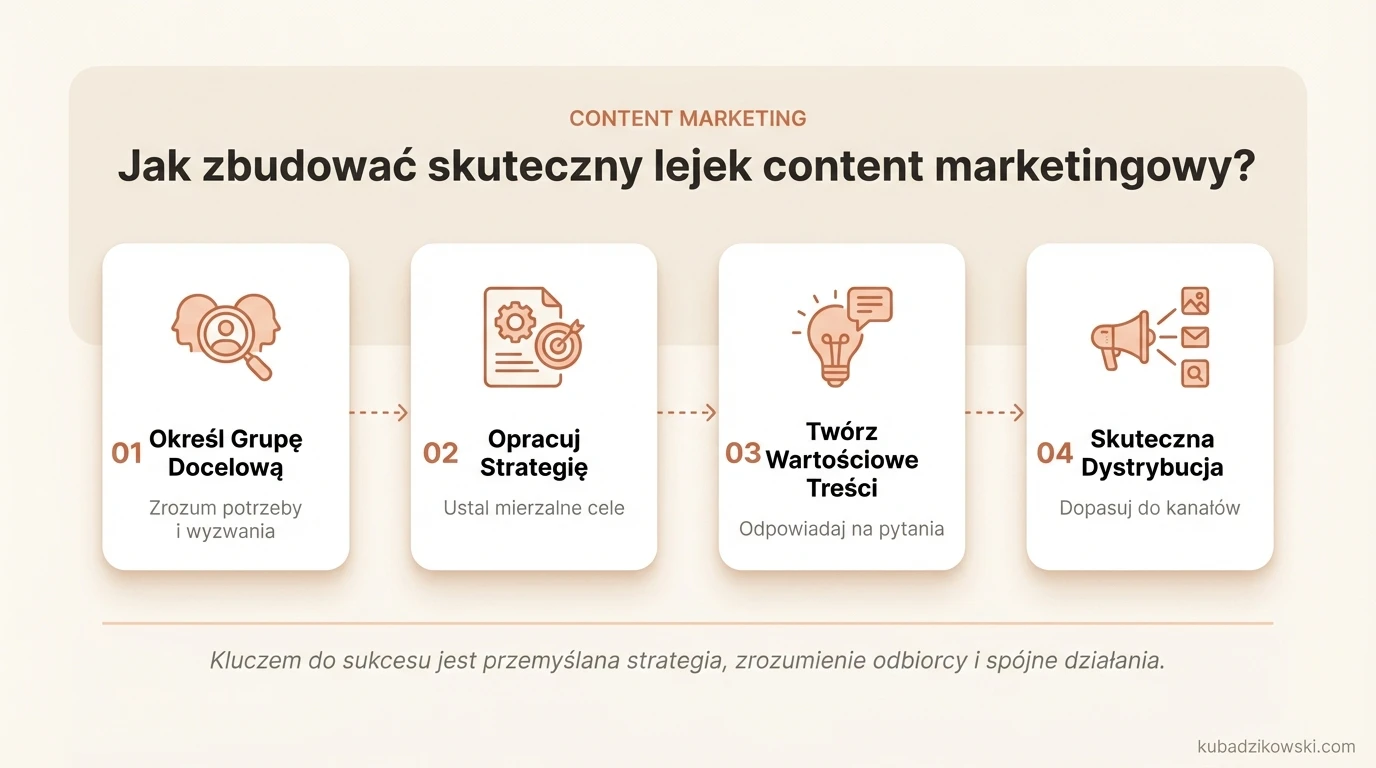 Wizualizacja etapów budowania efektywnego lejka content marketingowego.