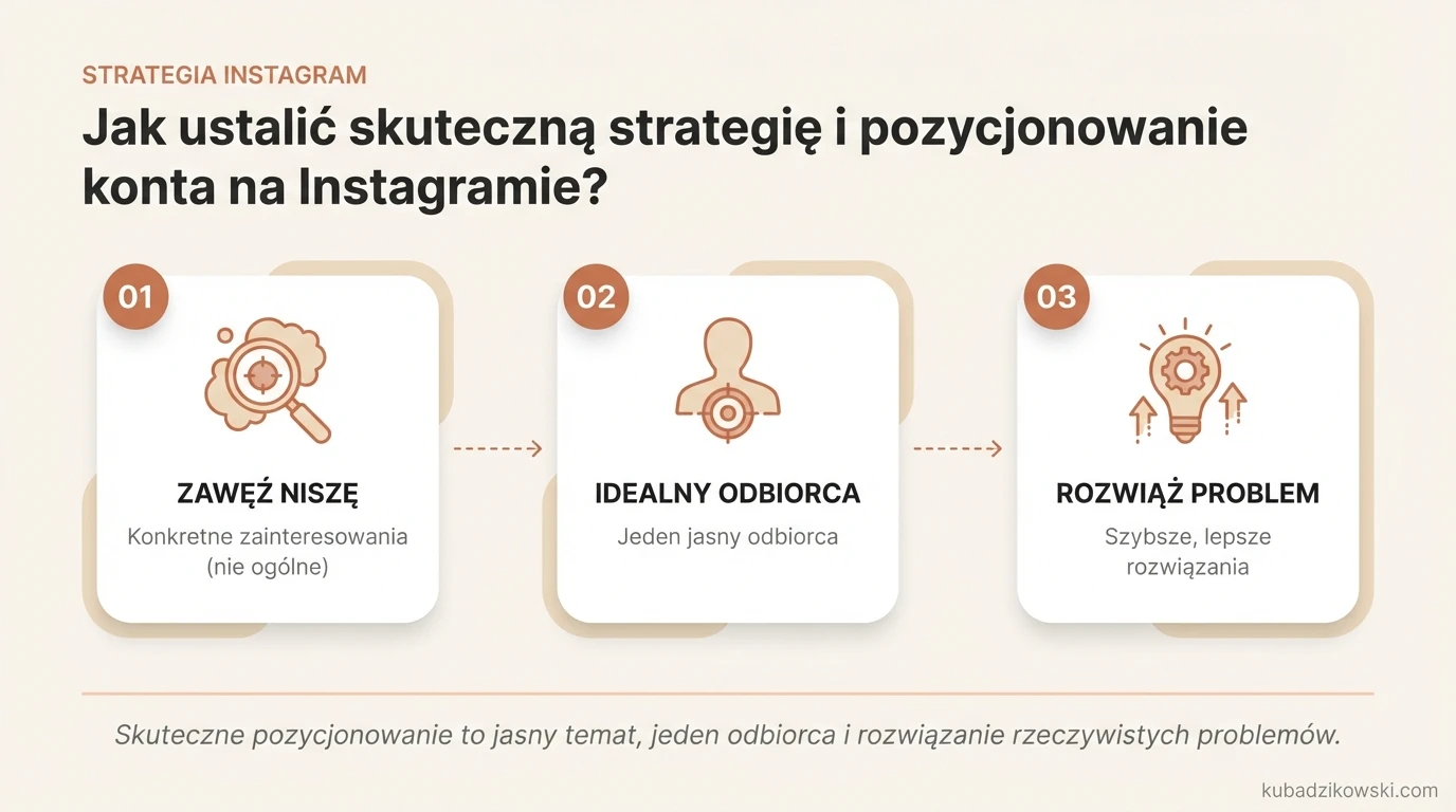 Infografika: skuteczna strategia Instagram – wybór niszy, idealny odbiorca, rozwiązywanie problemów.
