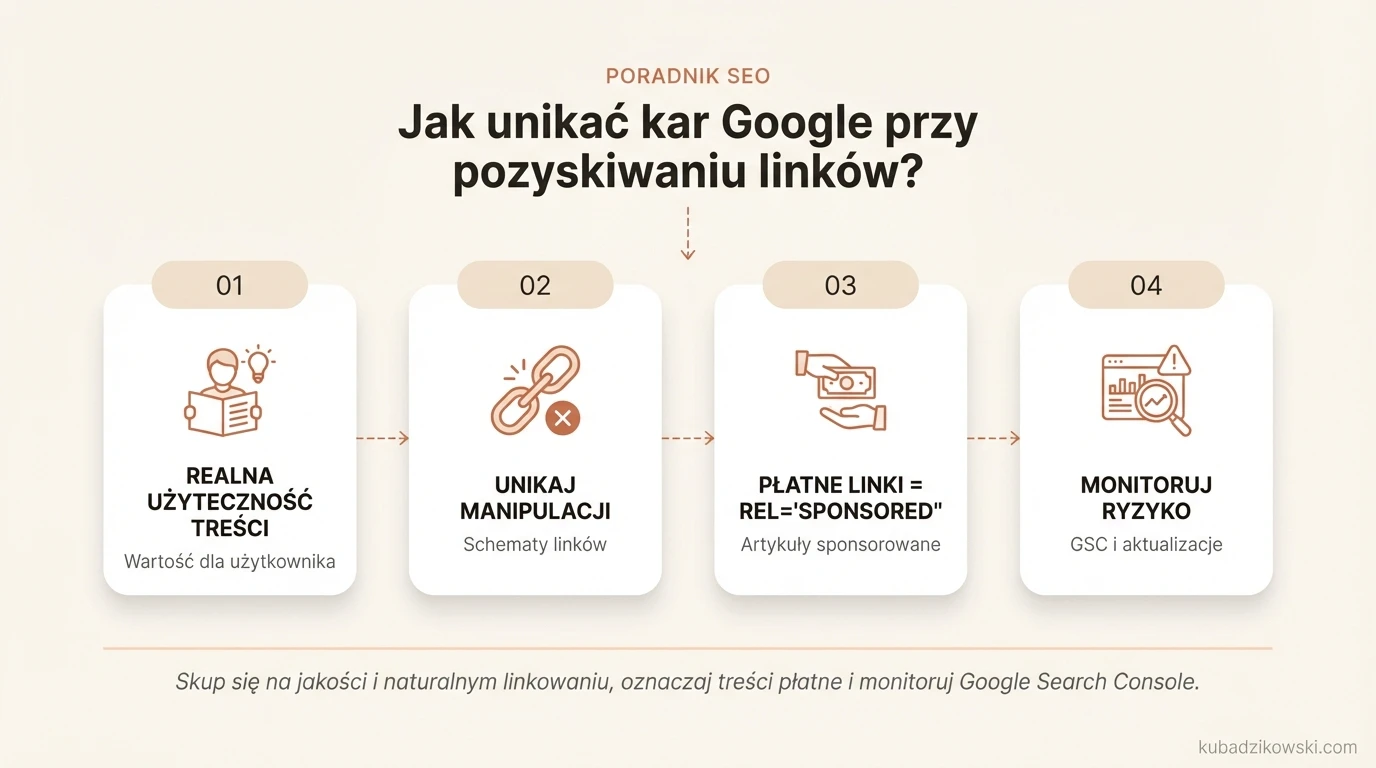 Infografika: Jak bezpiecznie pozyskiwać linki? Unikaj kar Google, stawiając na wartość dla użytkownika, a nie zakup czy PBN.
