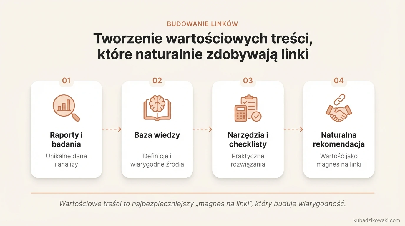 Infografika: Jak tworzyć wartościowe treści (raporty, badania) by naturalnie zdobywać linki i stać się wiarygodnym źródłem.