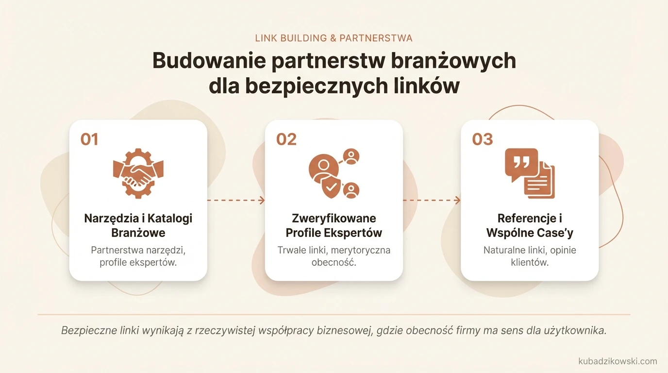 Infografika: źródła bezpiecznych linków z rzeczywistych partnerstw branżowych. Prezentuje programy i katalogi ekspertów (np. Shopify, HubSpot).