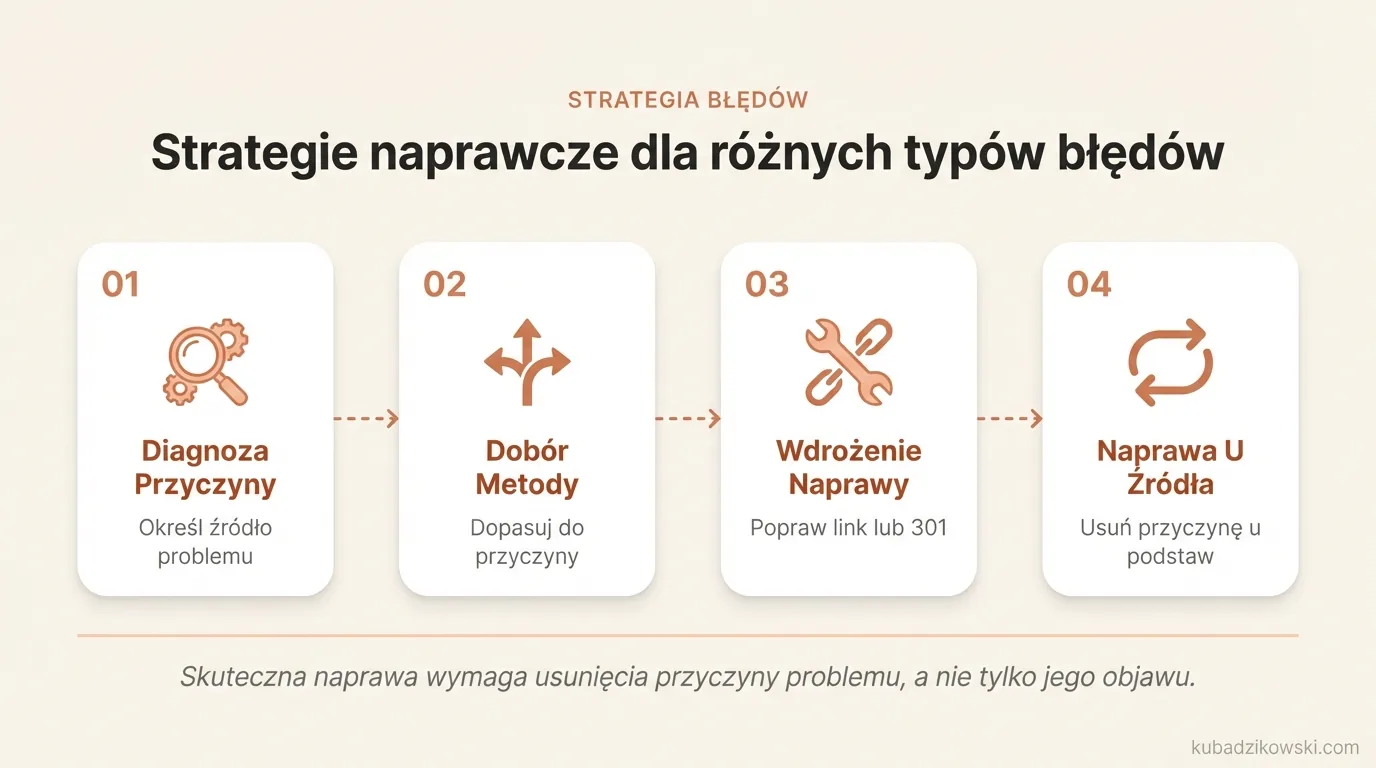 Infografika: dobieranie strategii naprawy błędów do zdiagnozowanej przyczyny, np. linku, zasobu, przekierowania, serwera.