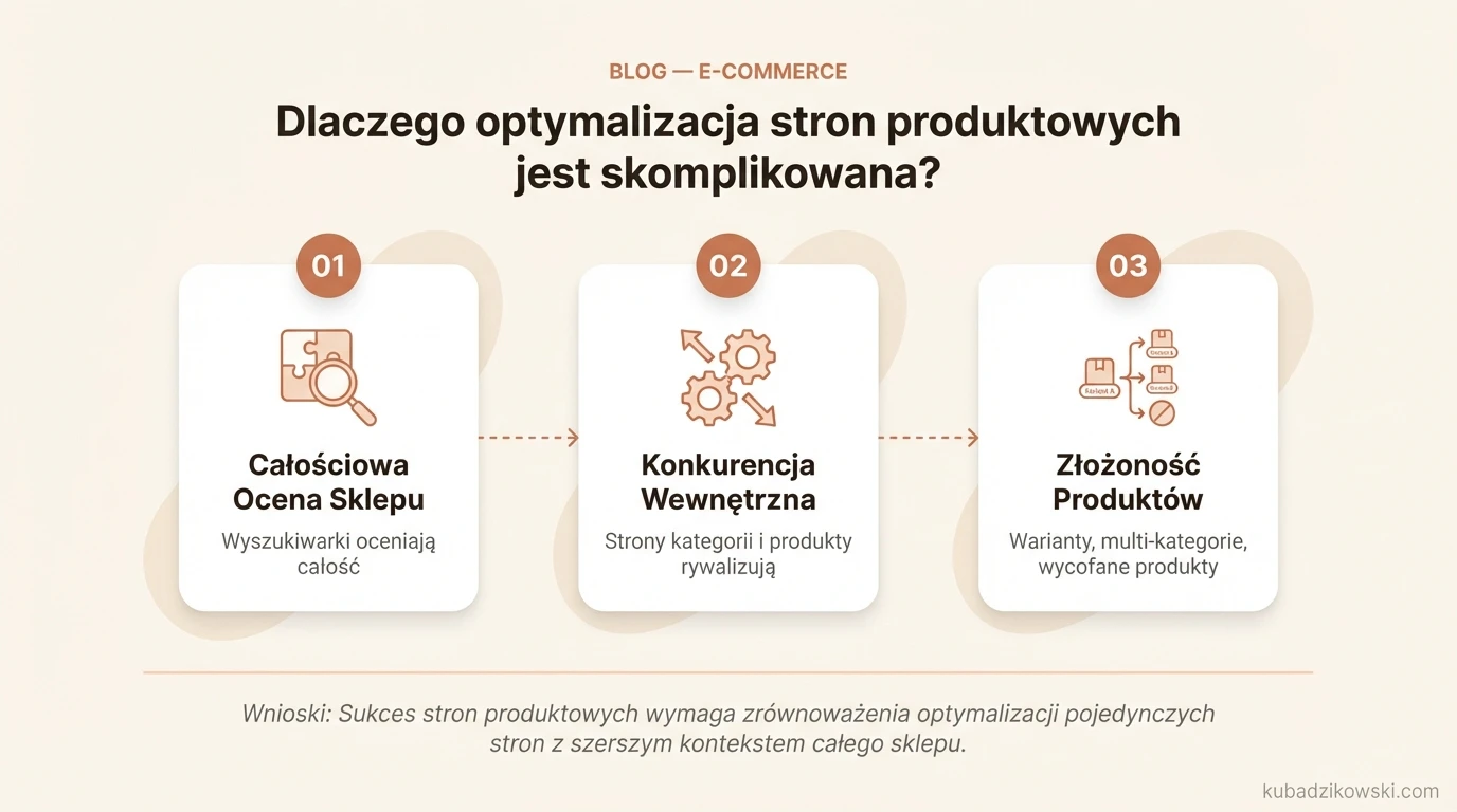 Infografika: złożoność optymalizacji stron produktowych, wpływ oceny całego sklepu przez wyszukiwarki.