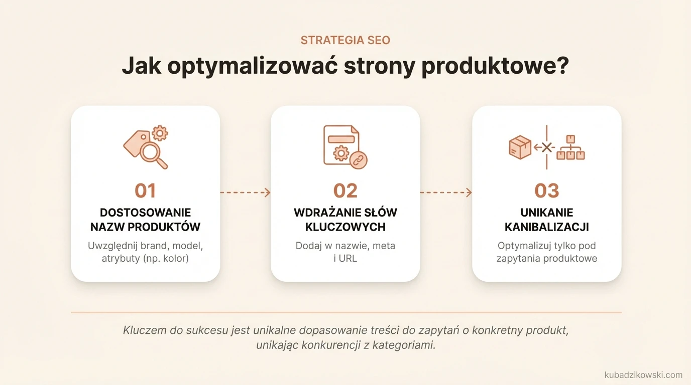 Optymalizacja nazw produktów na stronach: brand, nazwa, model, atrybuty (kolor, rozmiar) dla zapytań docelowych.