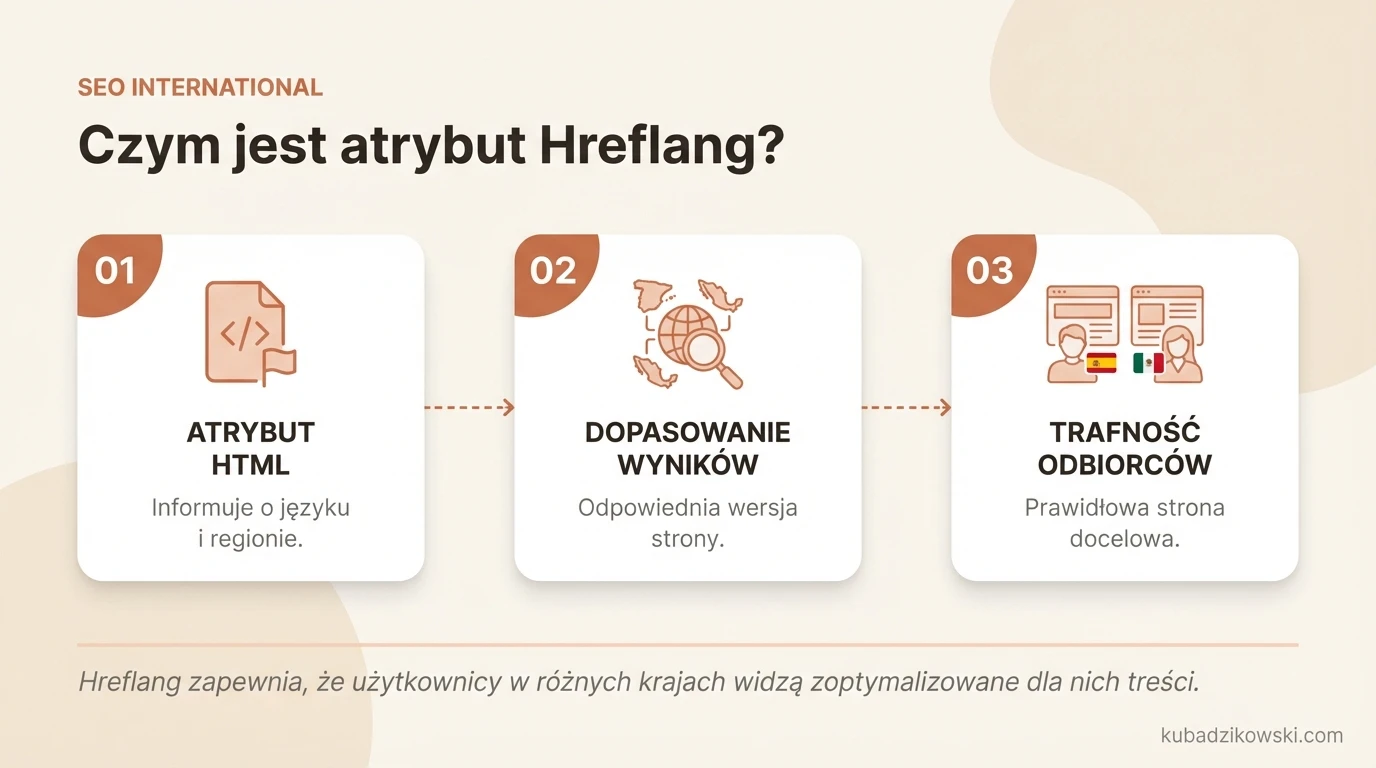 Infografika wyjaśniająca atrybut Hreflang – HTML tag informujący o języku i regionie strony dla wyszukiwarek.