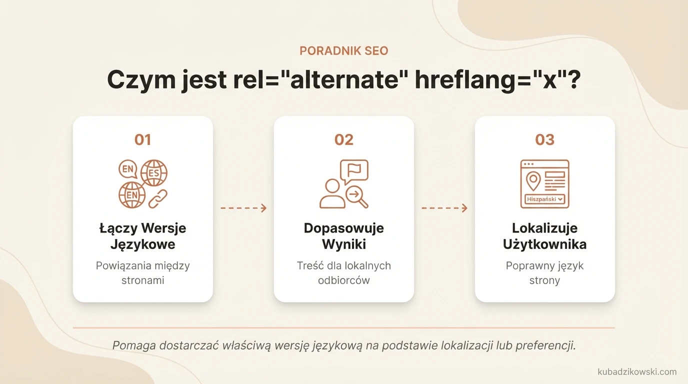 Infografika o Hreflang: atrybut Google dla wyszukiwarek, łączący strony w różnych językach i treści lokalne.