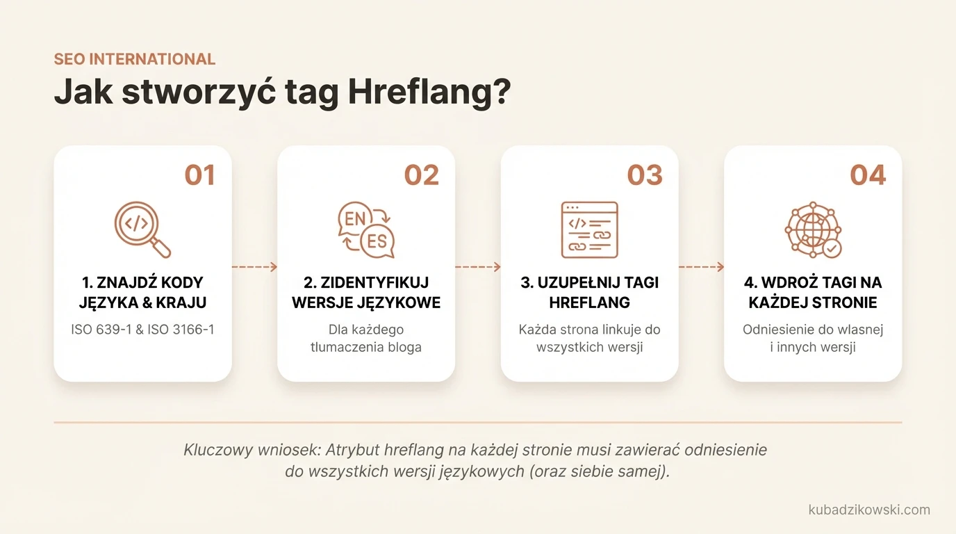 Infografika: tworzenie tagu Hreflang z kodami języka ISO 639-1 i opcjonalnymi kodami kraju/regionu ISO 3166-1.