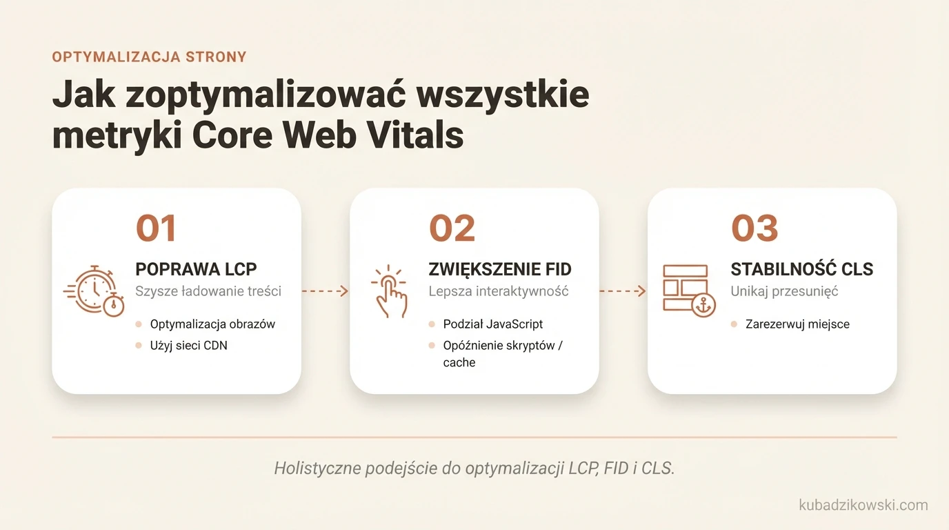 Infografika: Wskazówki optymalizacji Core Web Vitals (LCP, FID, CLS) dla lepszego doświadczenia użytkownika.