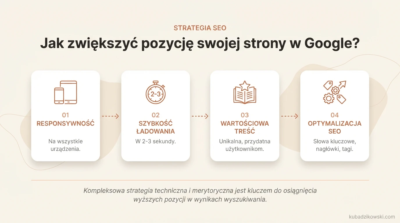 Infografika o optymalizacji SEO: kluczowe kroki do wyższych pozycji w Google, w tym responsywność strony.