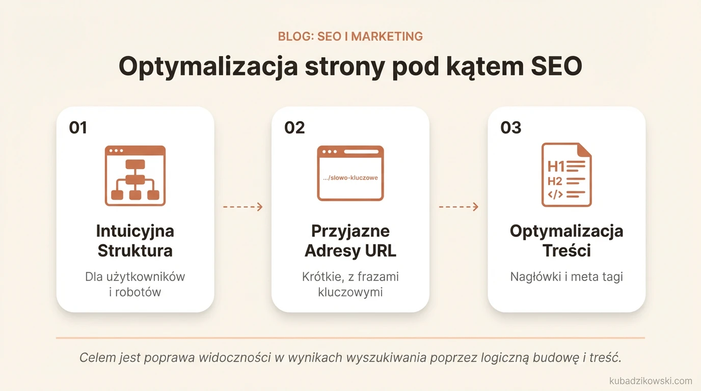 Infografika: mapa myśli o optymalizacji SEO, przedstawiająca kluczowe elementy i strukturę strony.