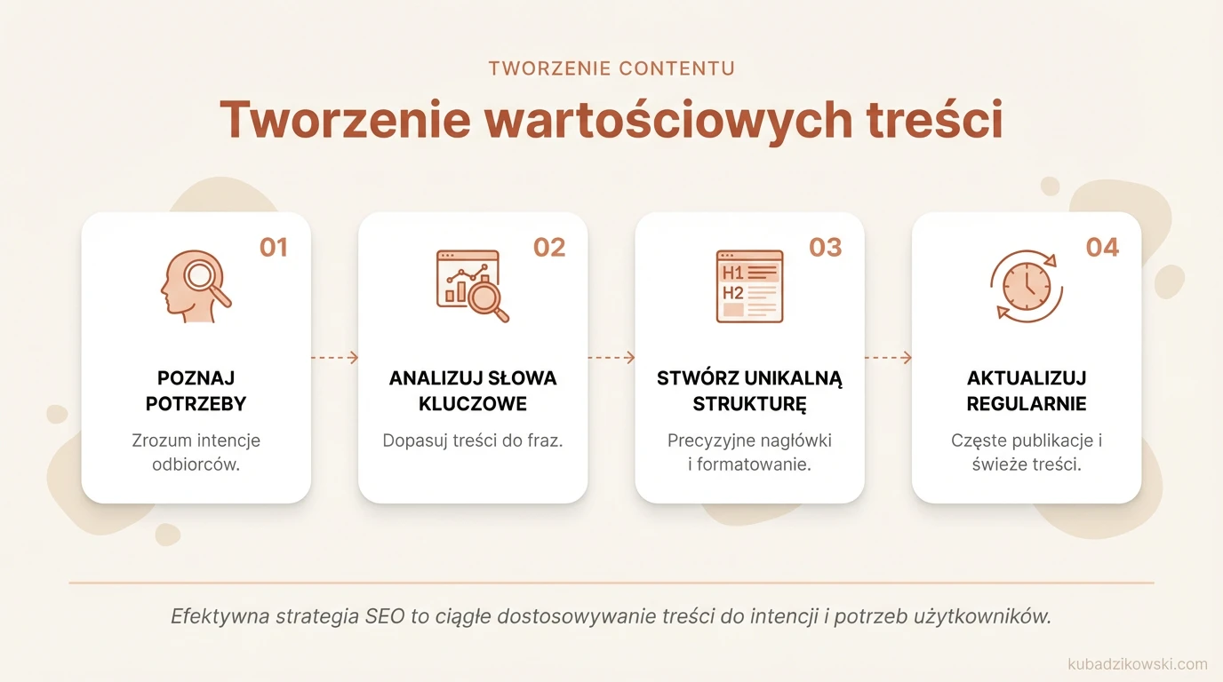 Infografika: Tworzenie jakościowego contentu, fundamentu strategii SEO. Skupienie na potrzebach odbiorców dla lepszych wyników.