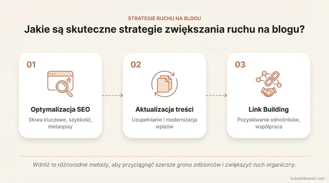 Infografika: 5 skutecznych strategii na zwiększenie ruchu na blogu, w tym SEO i angażująca treść.