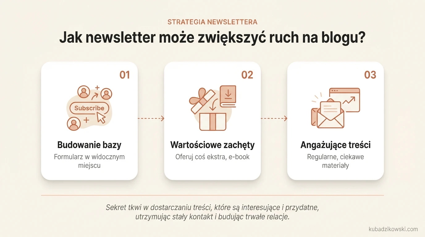 Infografika: newsletter zwiększa ruch na blogu poprzez angażowanie subskrybentów i dostarczanie wartościowych treści.