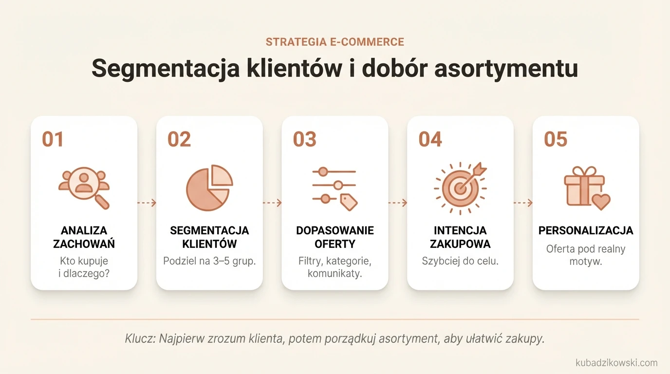 Infografika wyjaśnia segmentację klientów (np. szybka dostawa, premium, niska cena) i dopasowanie oferty do ich potrzeb.