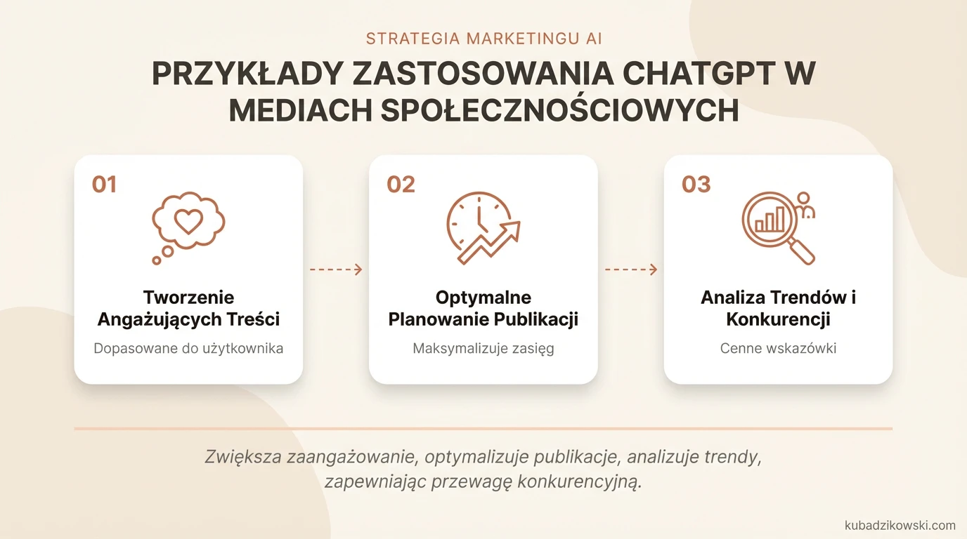 Grafika: ChatGPT w marketingu. Pomaga markom tworzyć angażujące treści i optymalizować strategie w social mediach.