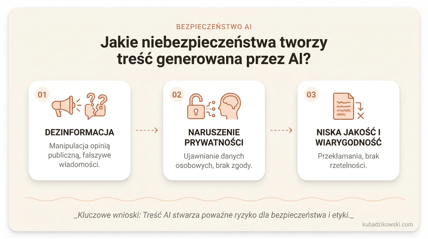 Infografika: Zagrożenia treści AI, w tym dezinformacja, prywatność i wiarygodność.