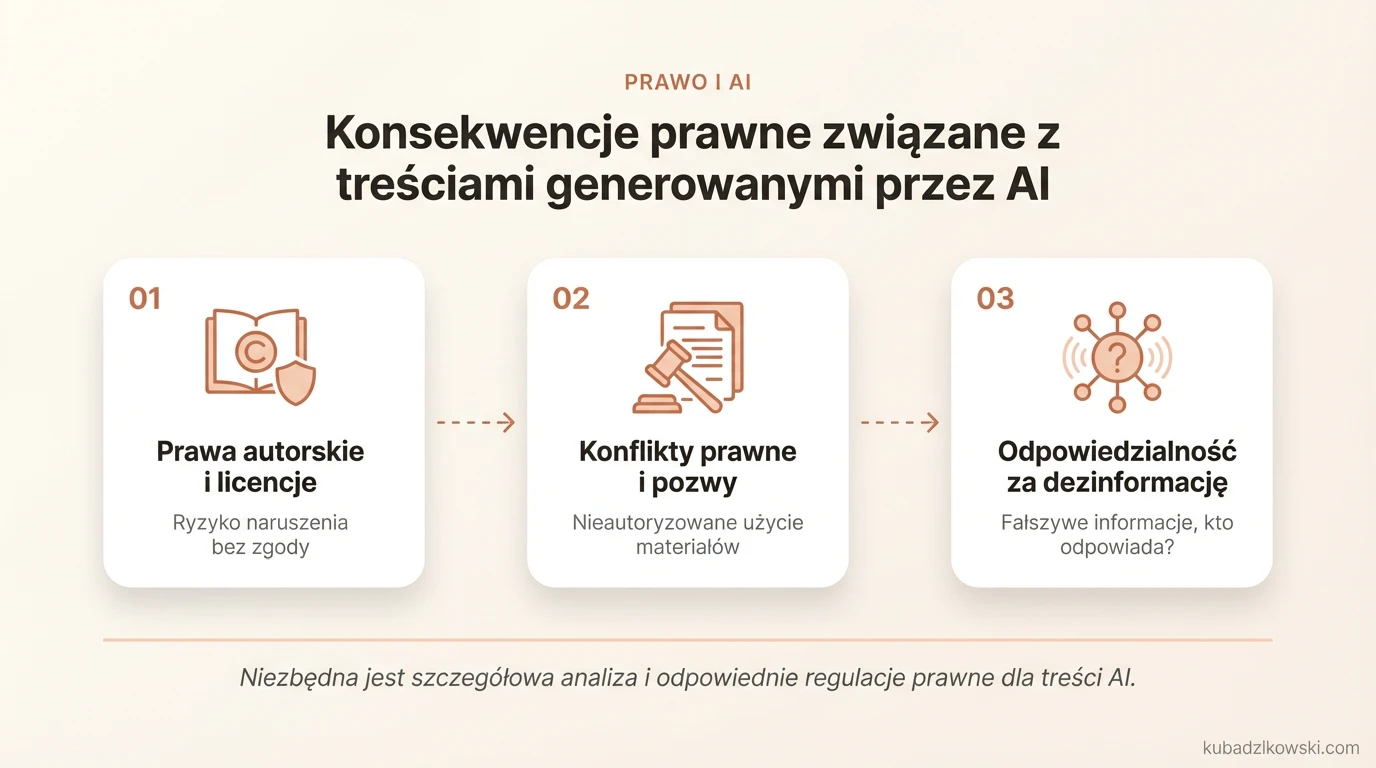 Infografika o prawnych wyzwaniach AI, skupiająca się na kwestii praw autorskich i regulacji dla treści tworzonych przez AI.