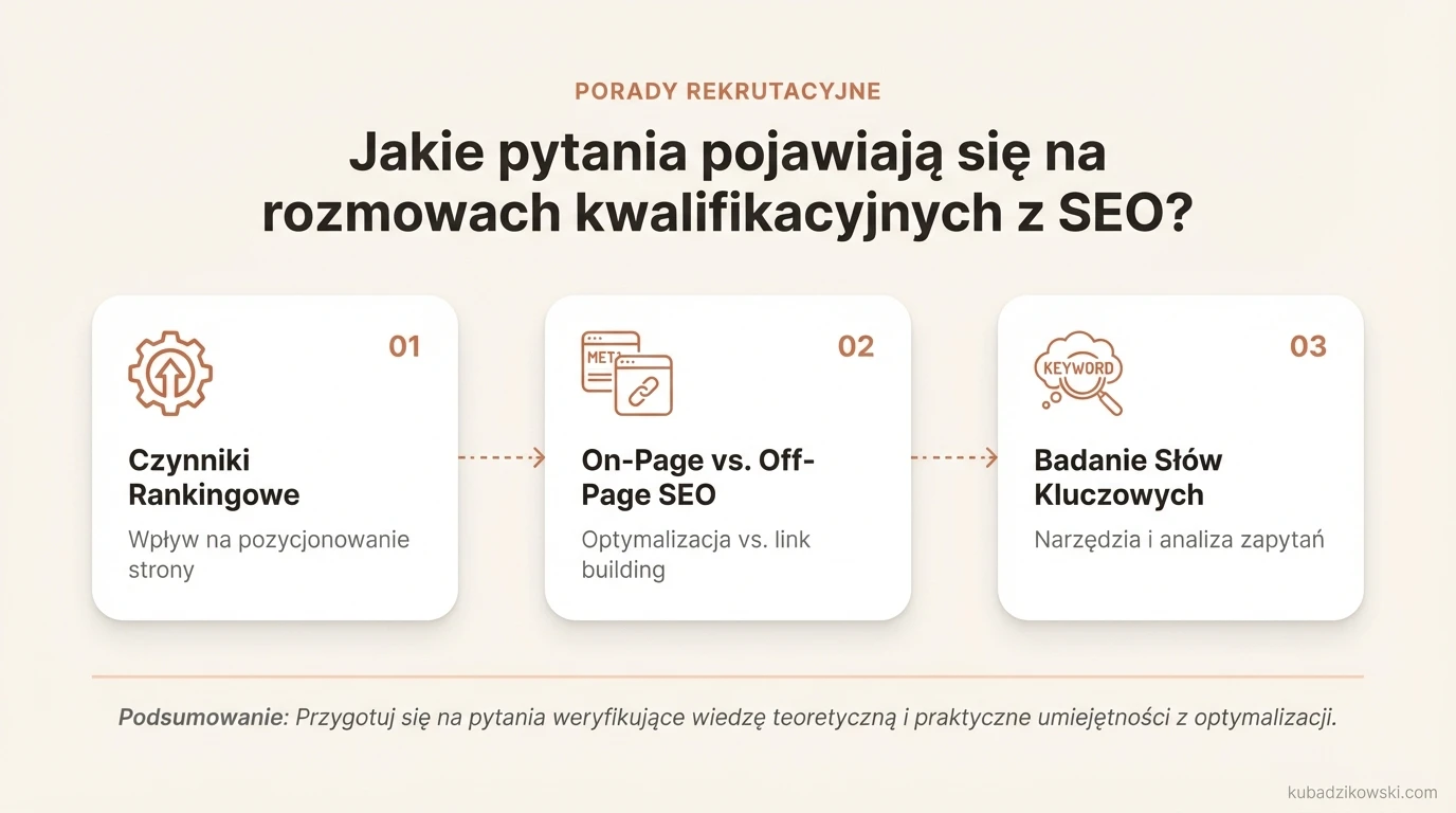 Infografika: Częste pytania rekrutacyjne z SEO. Przedstawia kluczowe zagadnienia sprawdzające wiedzę kandydatów.