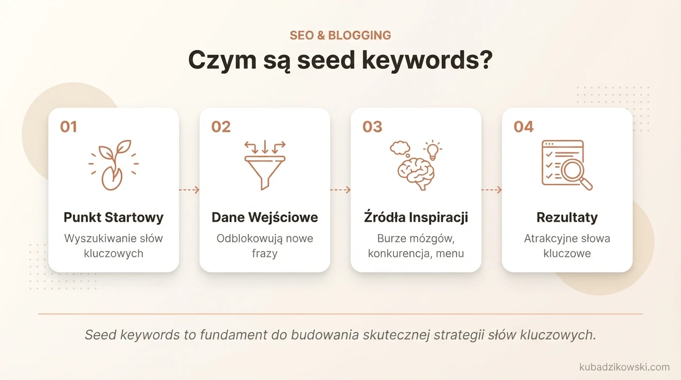 Infografika wyjaśnia seed keywords jako punkt wyjścia do poszukiwania fraz kluczowych, z metaforą "danych wejściowych".
