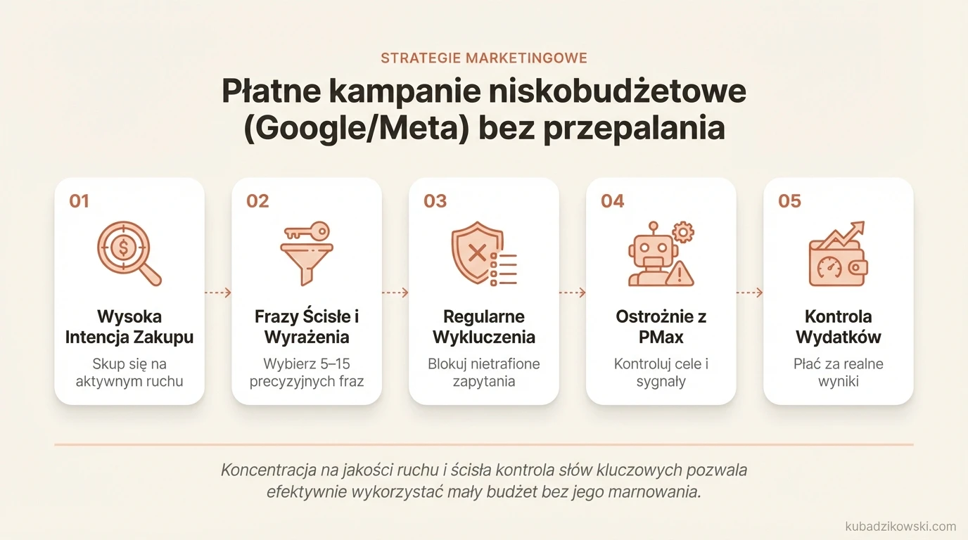 Infografika: skuteczne niskobudżetowe kampanie Google/Meta. Celuj w ruch o wysokiej intencji, kontroluj koszty.