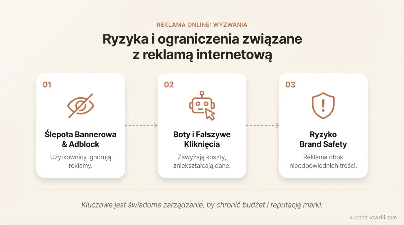 Kluczowe ryzyka i ograniczenia reklamy internetowej: adblock, ślepota bannerowa, obniżona skuteczność i reputacja marki.