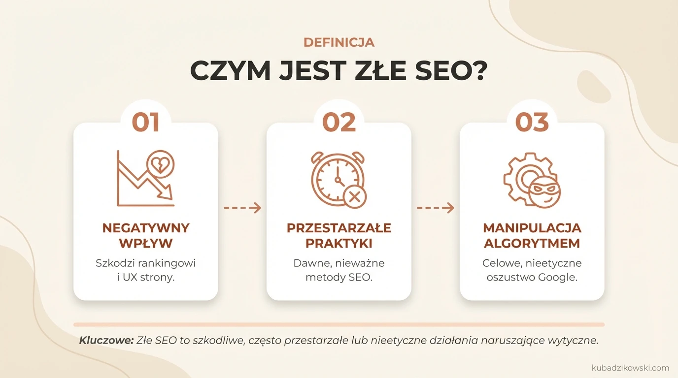 Infografika wyjaśnia złe SEO: szkodliwe praktyki, złe UX, niezgodność z Google, przestarzałe metody, przypadkowe błędy.
