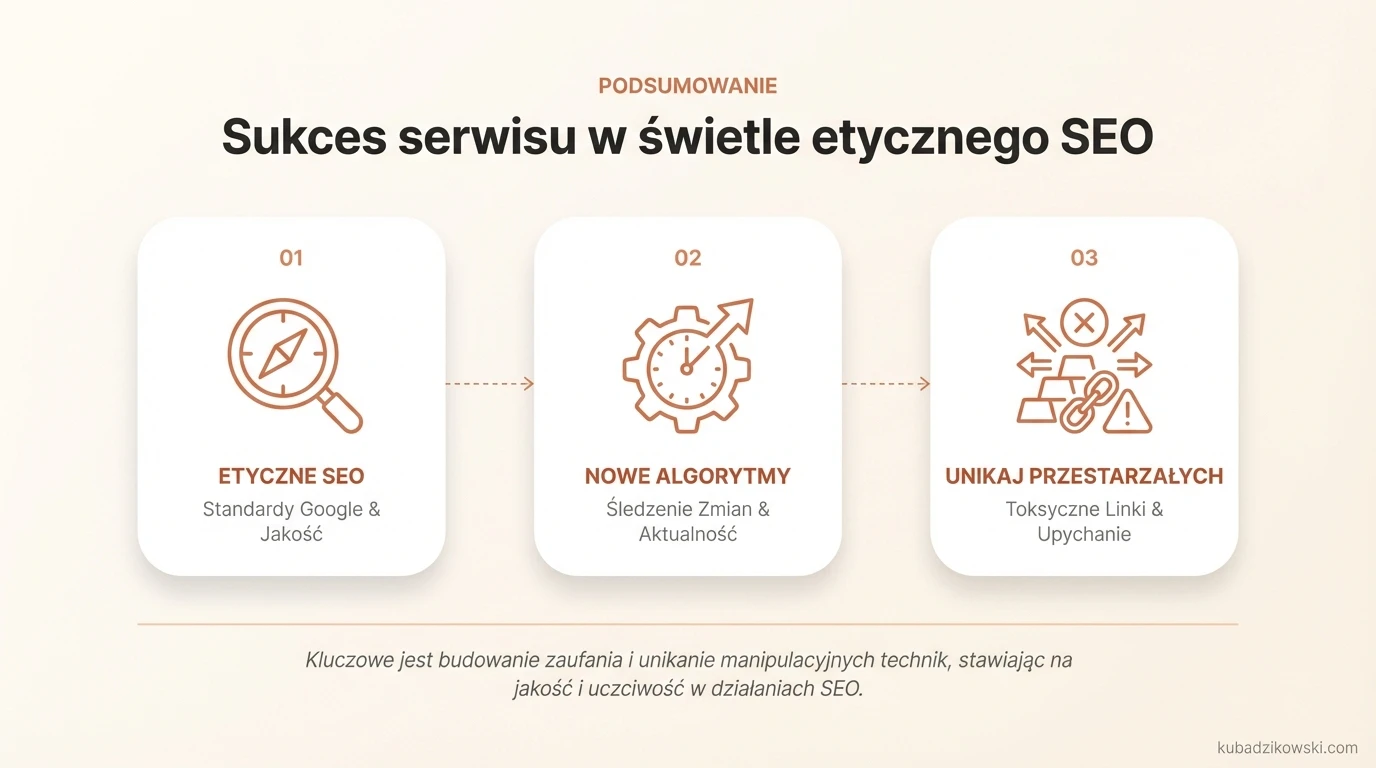 Infografika podsumowująca kluczowe, etyczne praktyki SEO i ostrzegająca przed przestarzałymi metodami.