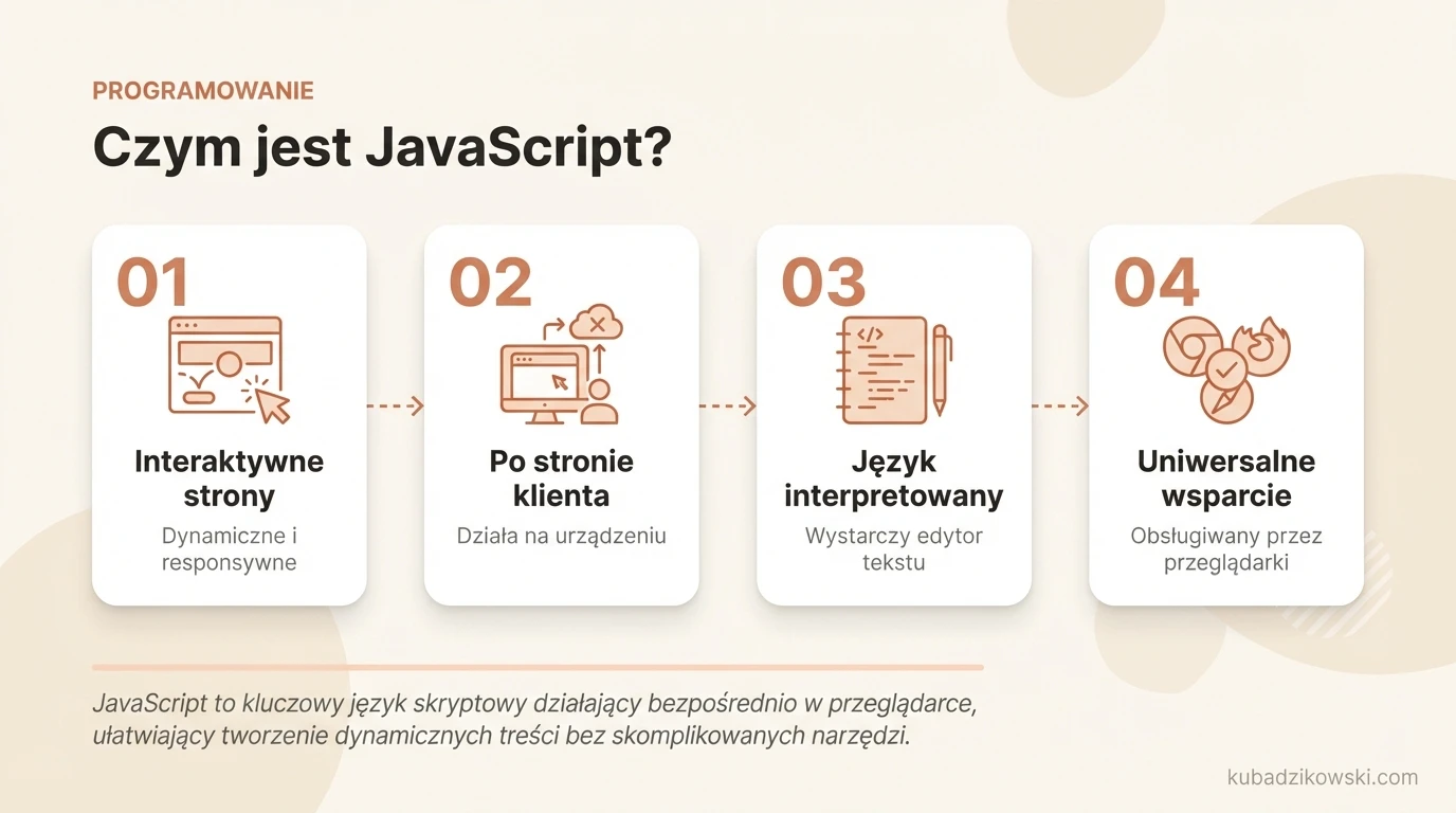 Infografika: JavaScript – język programowania dla interaktywnych i dynamicznych stron WWW, działający po stronie klienta.
