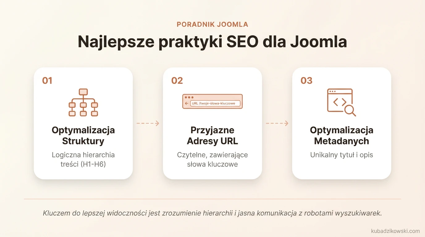 Infografika: Praktyki SEO dla Joomla - optymalizacja struktury, nagłówki H1-H6, poprawa widoczności w wyszukiwarkach.