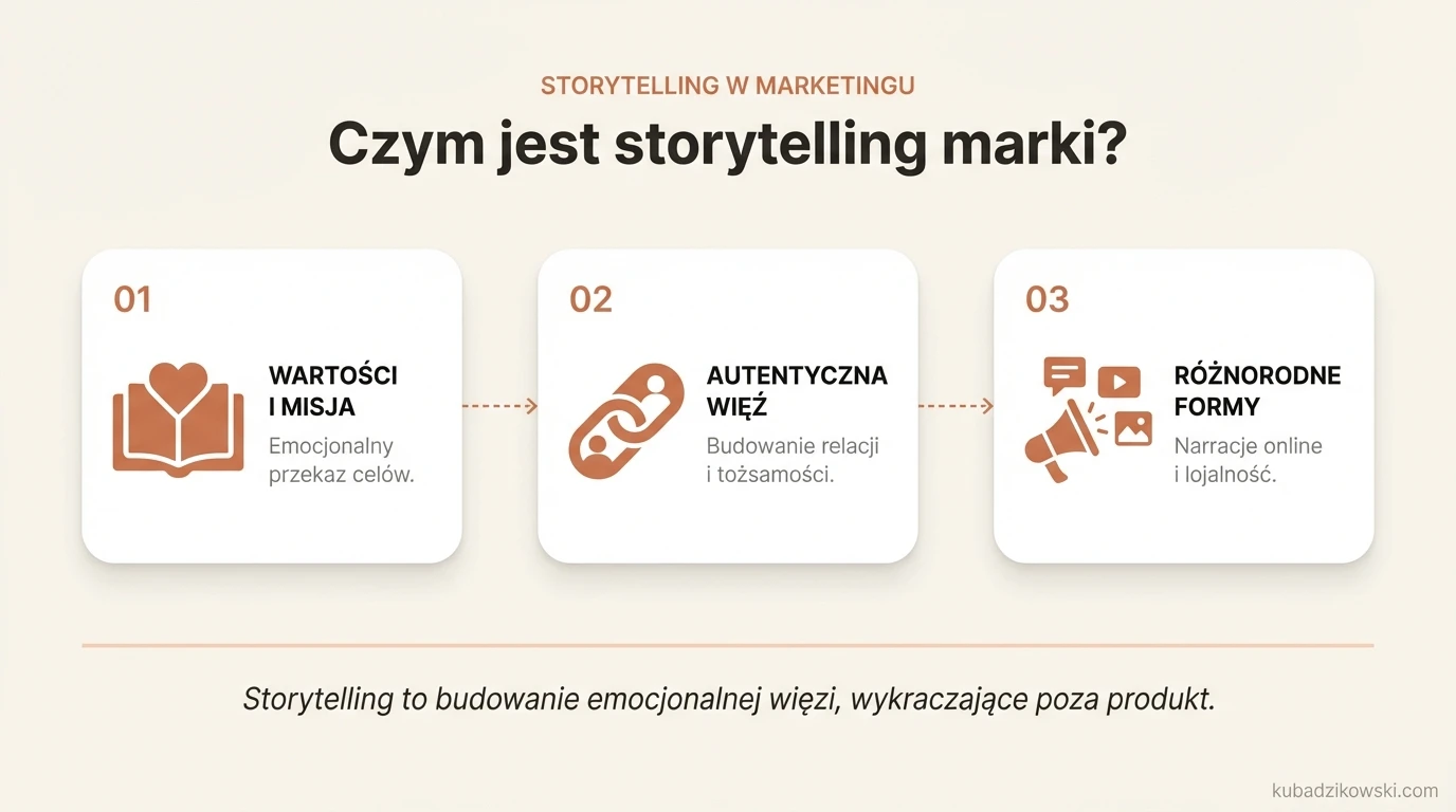Infografika wyjaśnia storytelling marki jako narzędzie do budowania więzi, przekazywania wartości i kształtowania wizerunku.