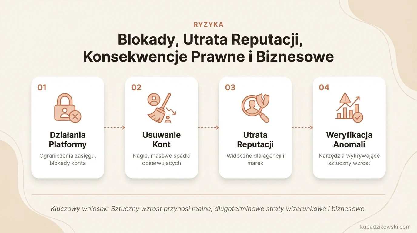 Infografika: Ryzyka zakupu fałszywych obserwujących. Ostrzeżenie przed blokadą, utratą reputacji oraz konsekwencjami prawnymi i biznesowymi.
