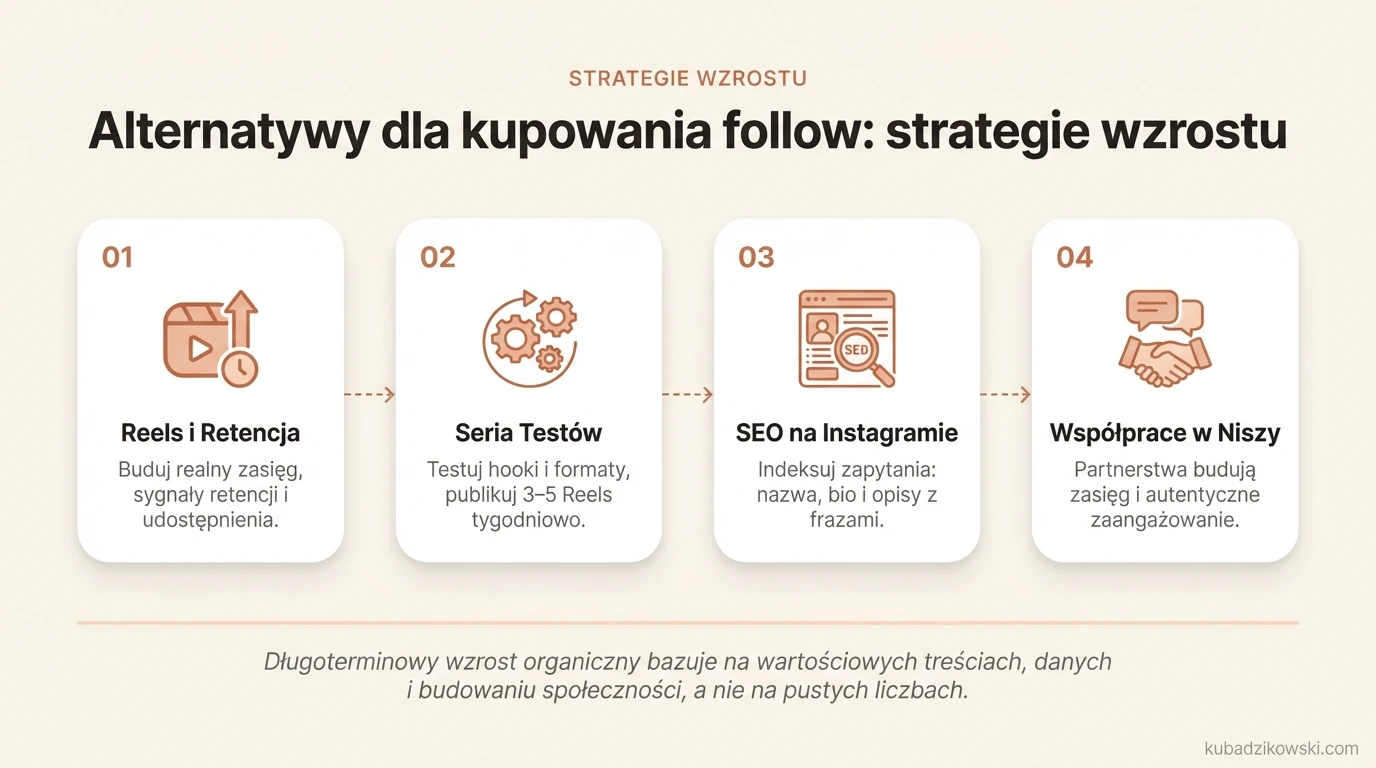 Alternatywy kupowania followersów: autentyczny wzrost zasięgu i zaangażowania przez Reels i retencję.