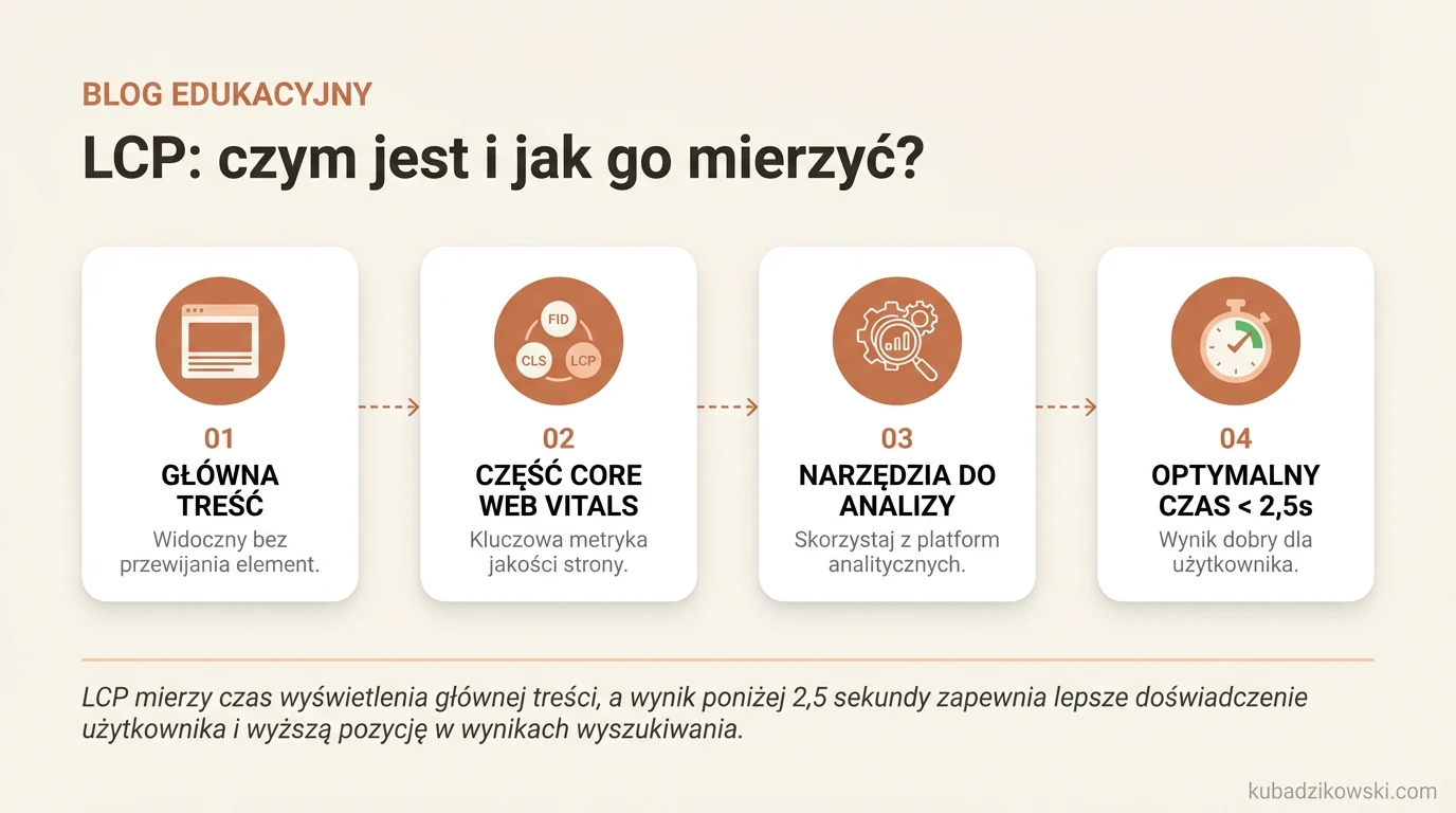 Infografika o LCP: wyjaśnia wskaźnik Largest Contentful Paint, jego pomiar i znaczenie dla wydajności strony.