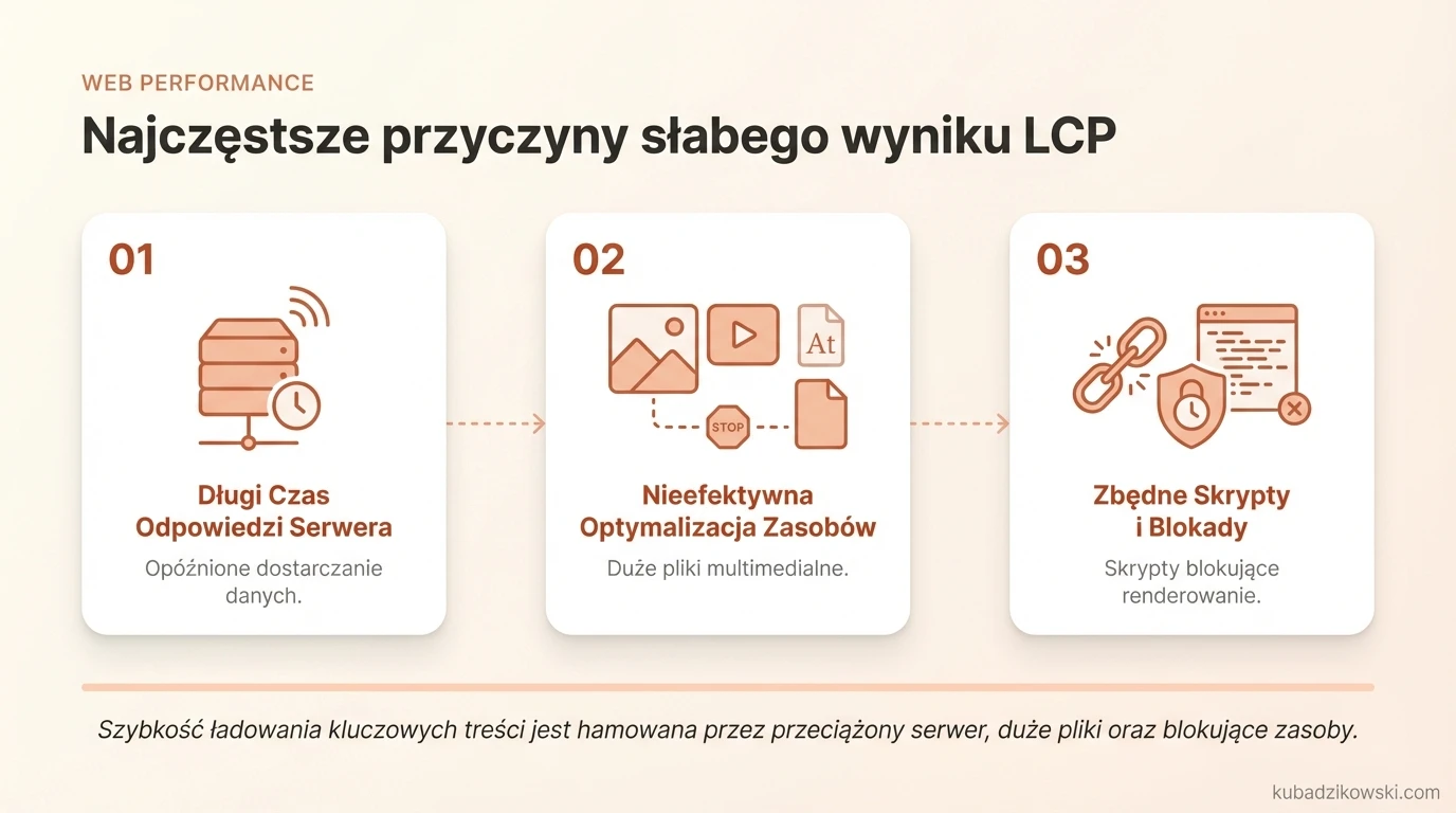 Infografika: Visualizacja najczęstszych przyczyn niskiego LCP: czas serwera, optymalizacja zasobów, zbędne skrypty.