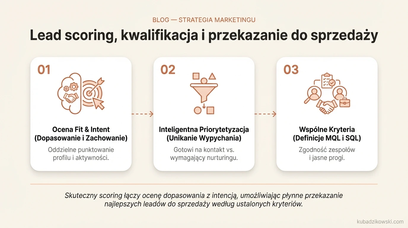 Lead scoring, kwalifikacja i przekazanie. Punktowanie fit i intent pomaga rozpoznać leady gotowe na sprzedaż i te do nurturingu.