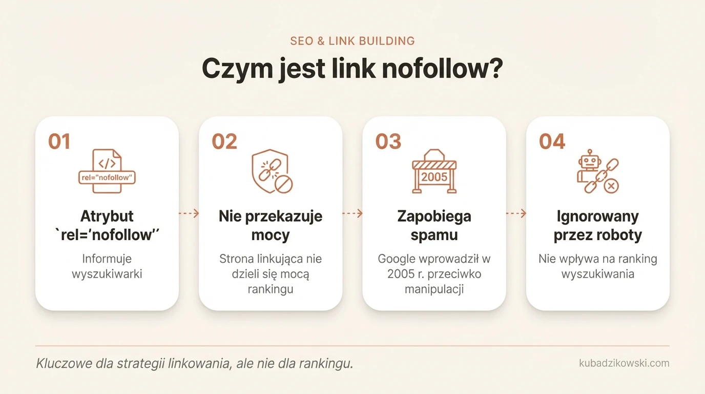 Infografika wyjaśnia, czym jest link nofollow: jego atrybut, cel (nieprzekazywanie mocy linku) i wprowadzenie przez Google w 2005.