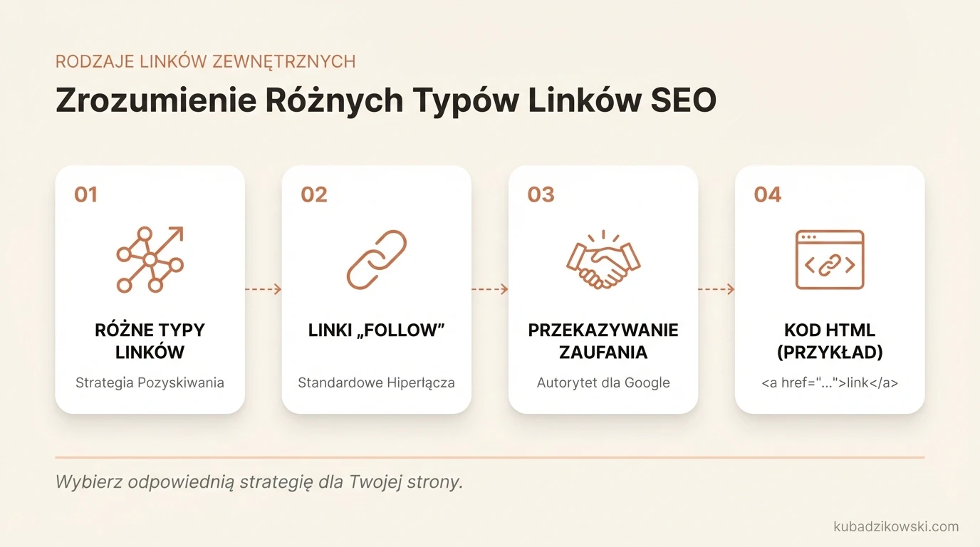 Graficzna prezentacja różnych typów linków zewnętrznych SEO, w tym standardowych linków follow.