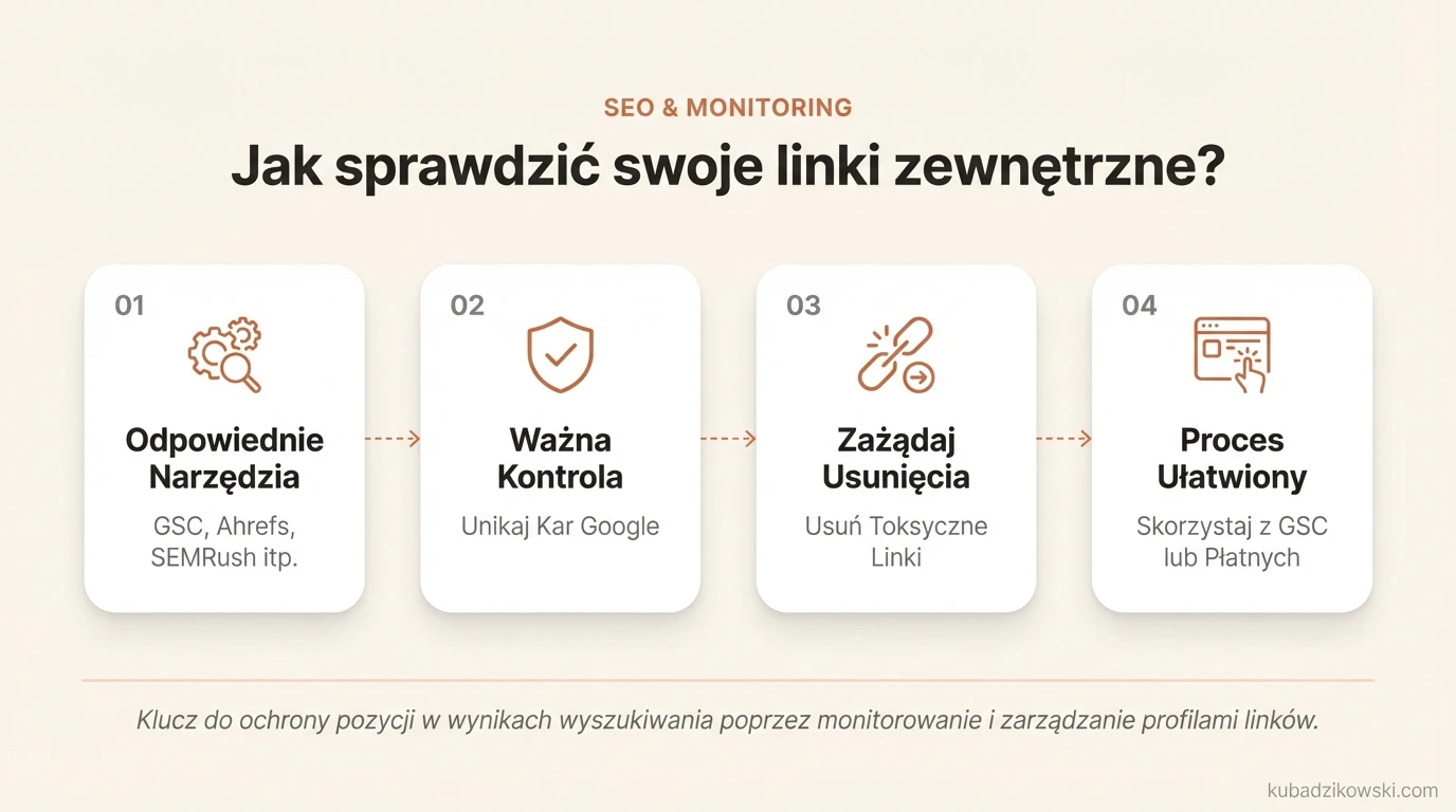 Infografika prezentująca narzędzia (GSC, SEMRush, Ahrefs) do monitorowania linków zewnętrznych i podkreślająca ich znaczenie.