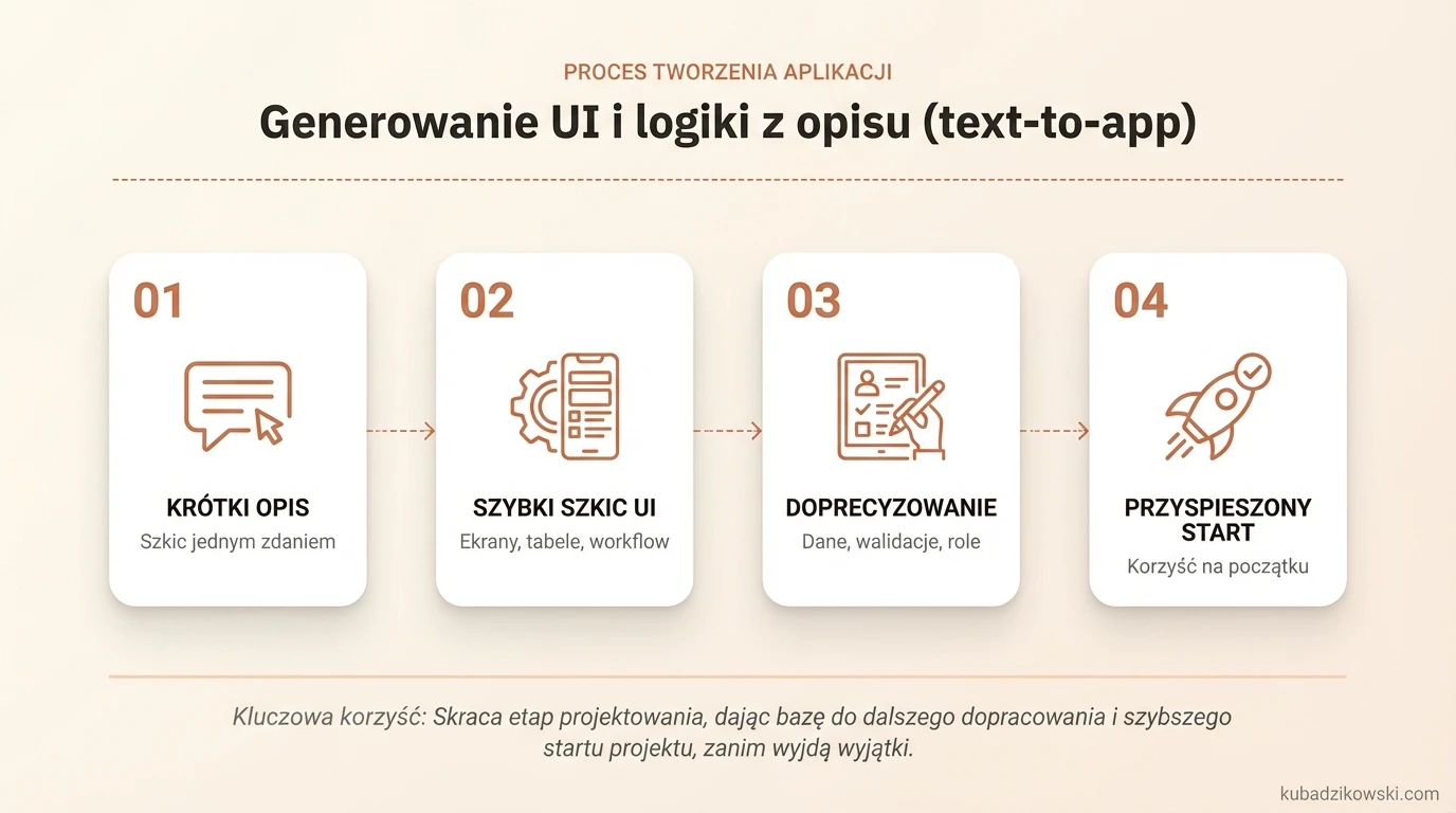 Wizualizacja procesu text-to-app: opis tekstowy zamienia się w wstępne szkice UI, tabel i workflow aplikacji.