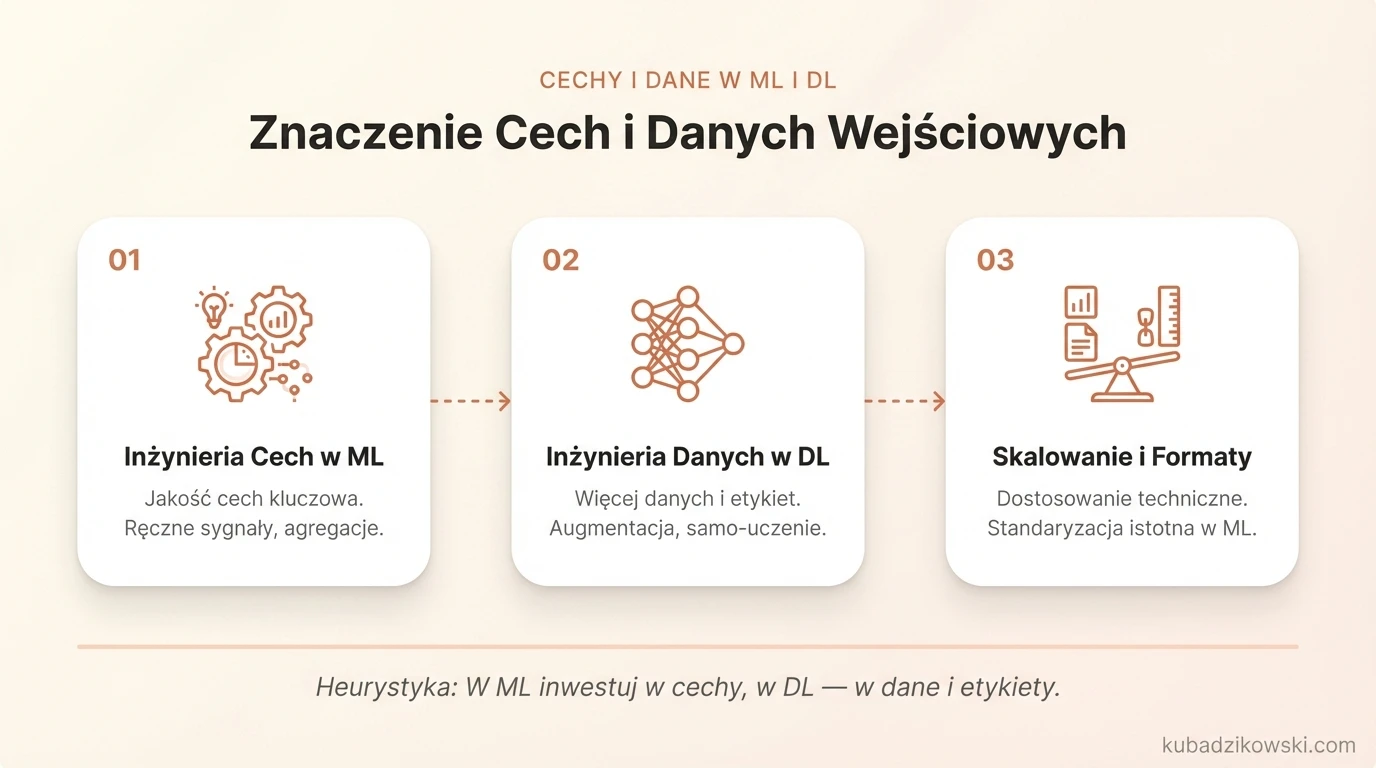 Wizualizacja wpływu cech i danych wejściowych na modele ML i DL. Pokazuje kluczową rolę inżynierii cech w ML.