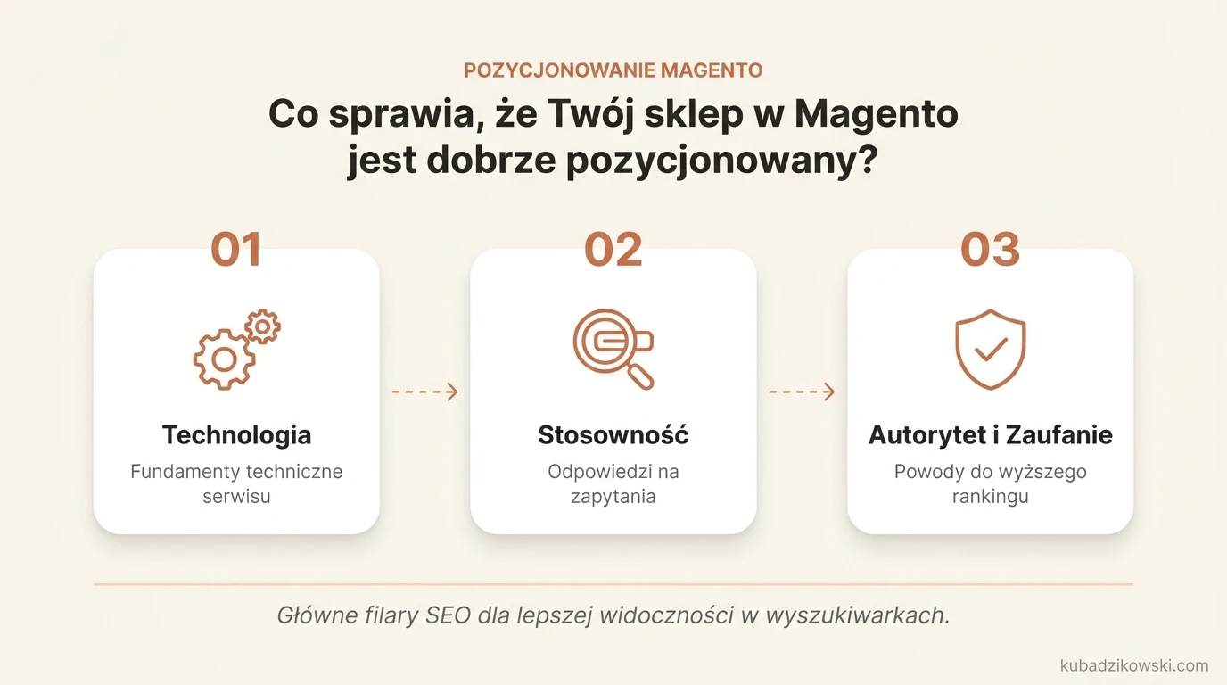 Infografika przedstawia czynniki pozycjonowania sklepu Magento: wykrywalność, zrozumiałość treści i jej wartość dla rankingu.