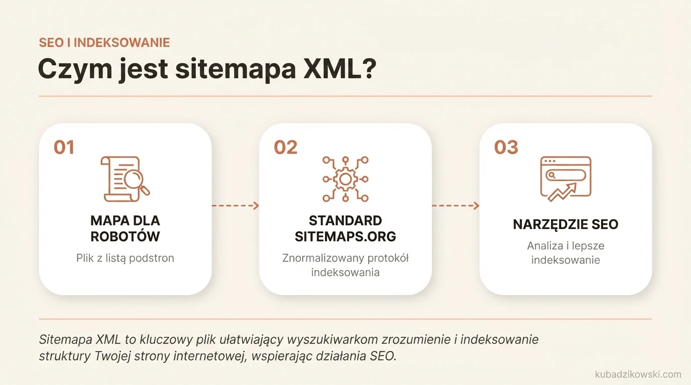 Wizualne wyjaśnienie pliku XML Sitemap: lista podstron dla robotów wyszukiwarek.