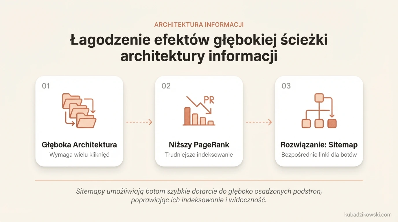 Wizualizacja głębokiej architektury strony: od strony głównej do dalszych treści jest wiele kliknięć.