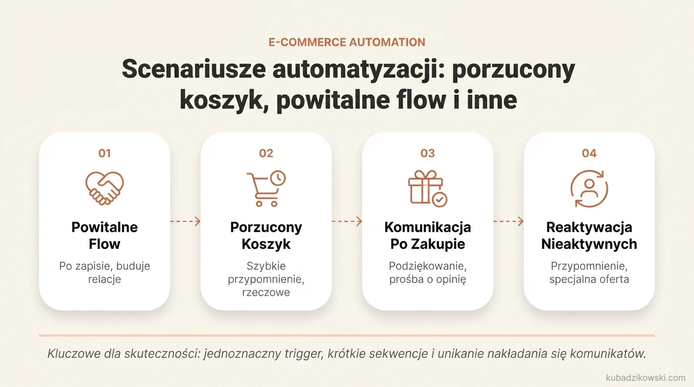 Kluczowe scenariusze automatyzacji e-commerce: powitalne flow, porzucony koszyk, przeglądanie i komunikacja po zakupie.