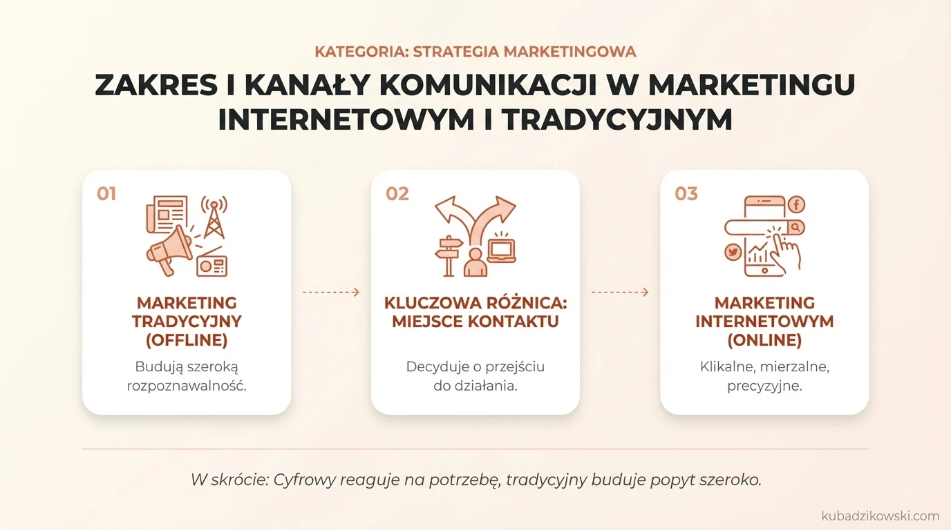 Infografika porównuje zakres i kanały marketingu internetowego (cyfrowy, mierzalny, wyszukiwarki, social media) z tradycyjnym (offline).
