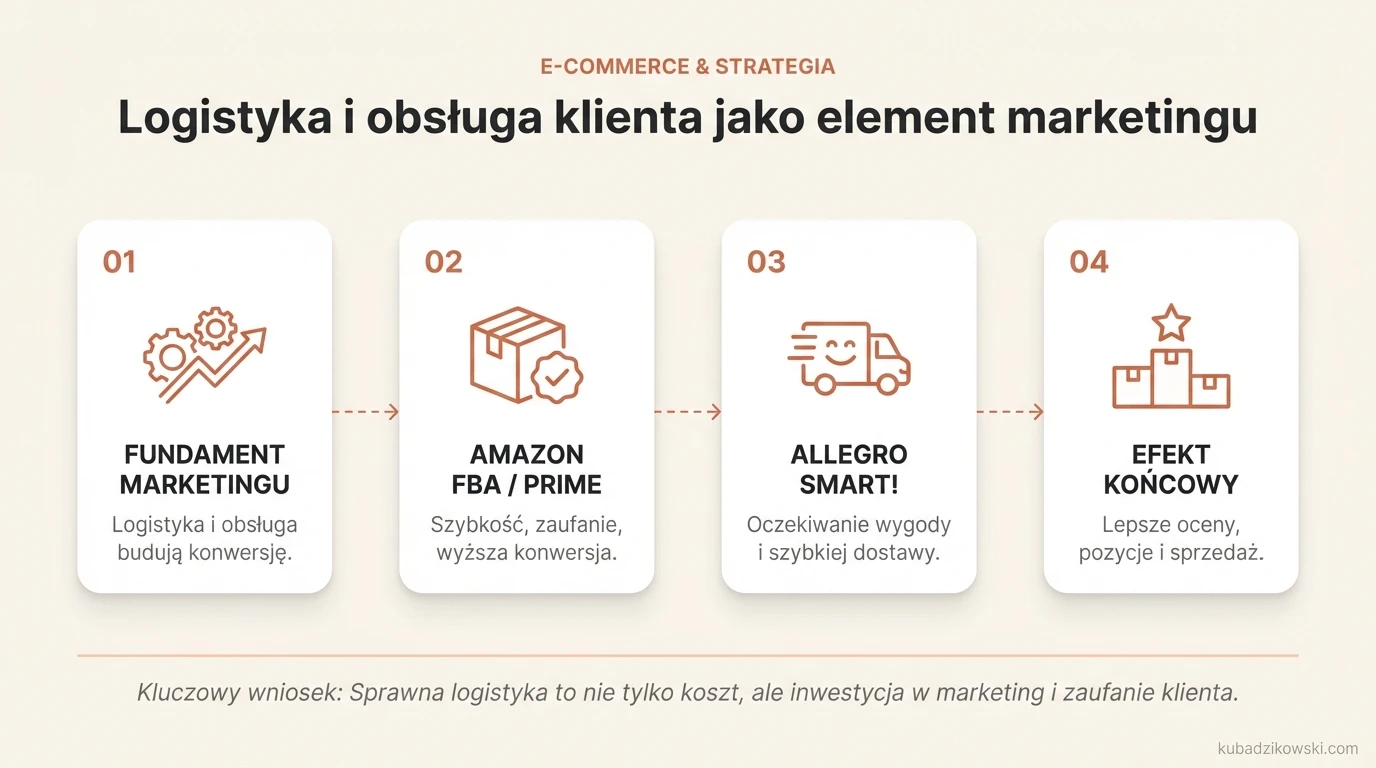 Infografika: Logistyka i obsługa klienta to marketing na marketplace, wpływający na konwersję, oceny i pozycję oferty.