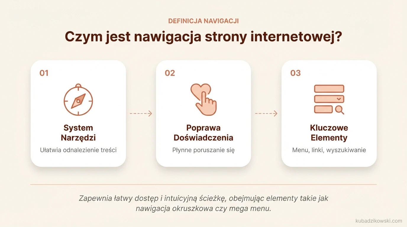 Infografika: graficzna definicja nawigacji strony internetowej, z kluczowymi elementami takimi jak menu i wyszukiwarka.