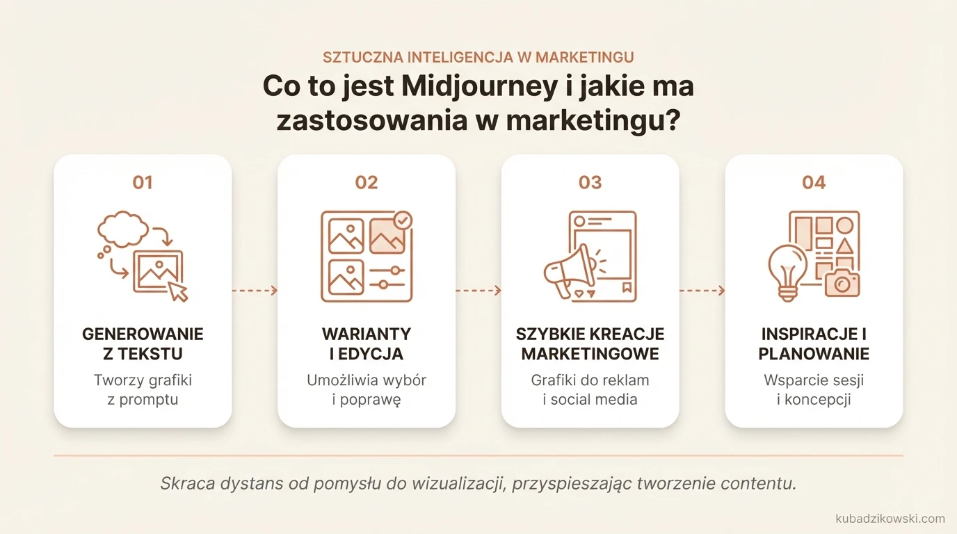 Infografika: Midjourney – generator obrazów text-to-image. Tworzenie grafik z promptów, z wyborem stylu i kompozycji.