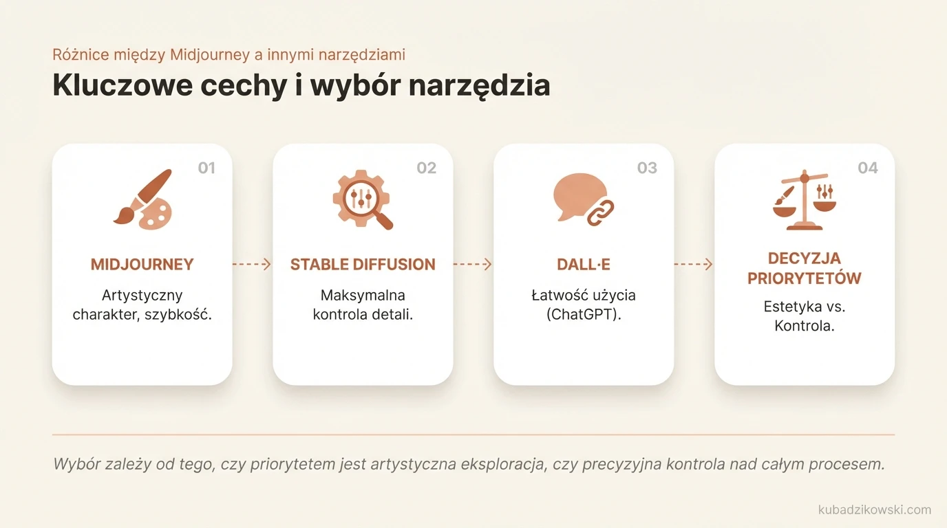 Różnice między Midjourney, DALL-E i Stable Diffusion – estetyka, kontrola, proces tworzenia obrazów.