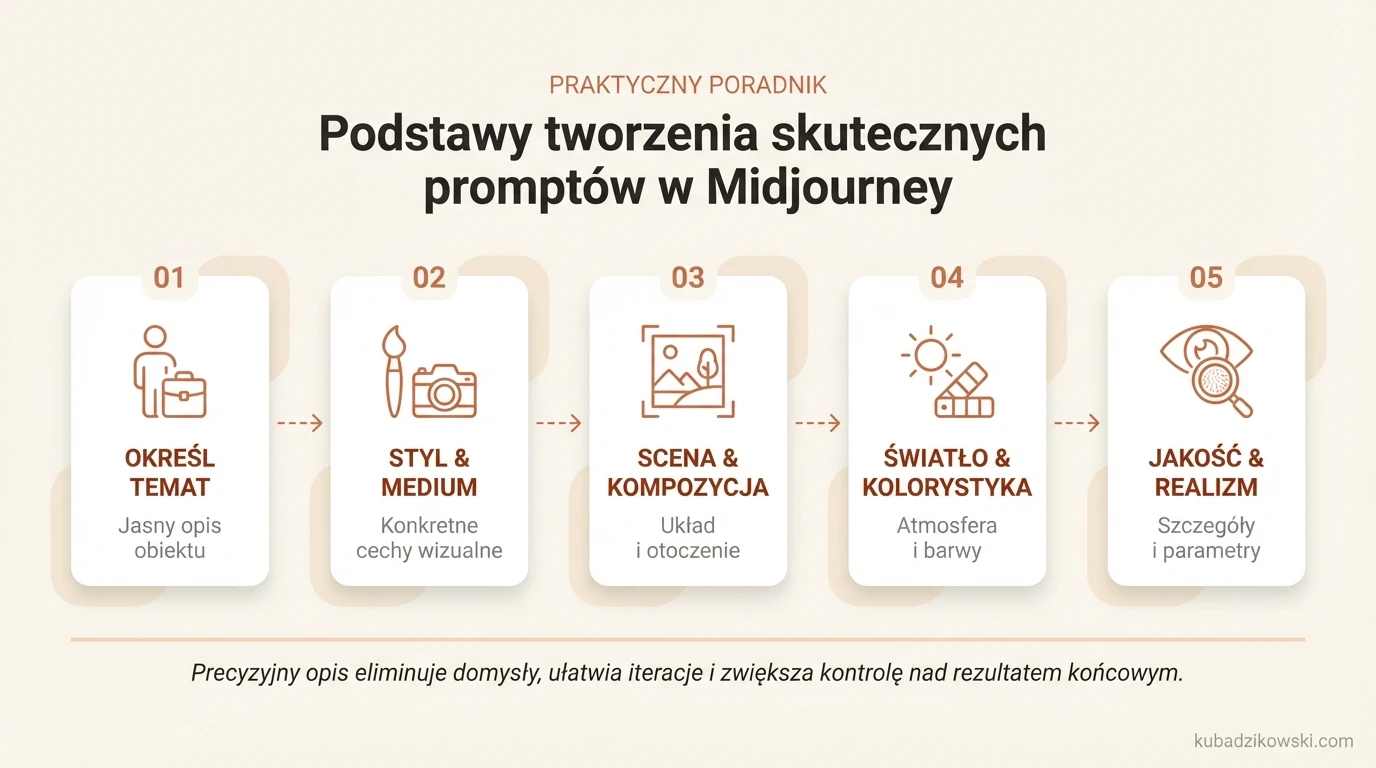 Infografika. Skuteczny prompt Midjourney: temat, styl/medium, scena, światło, kolorystyka, jakość, ograniczenia.